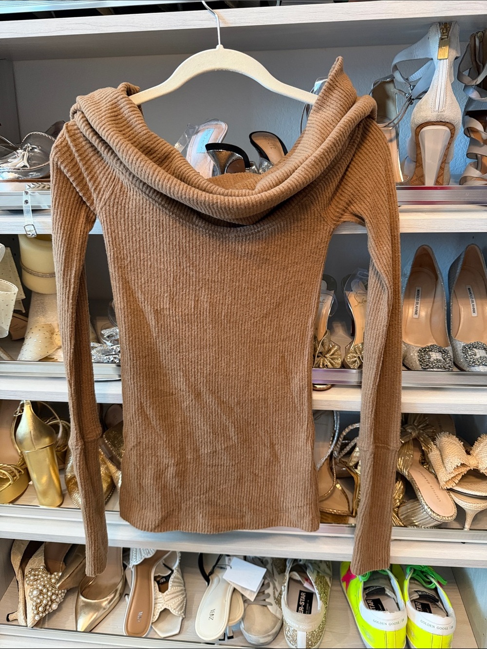 We The Free Ribbed Off-the-Shoulder Sweater in Camel Tan